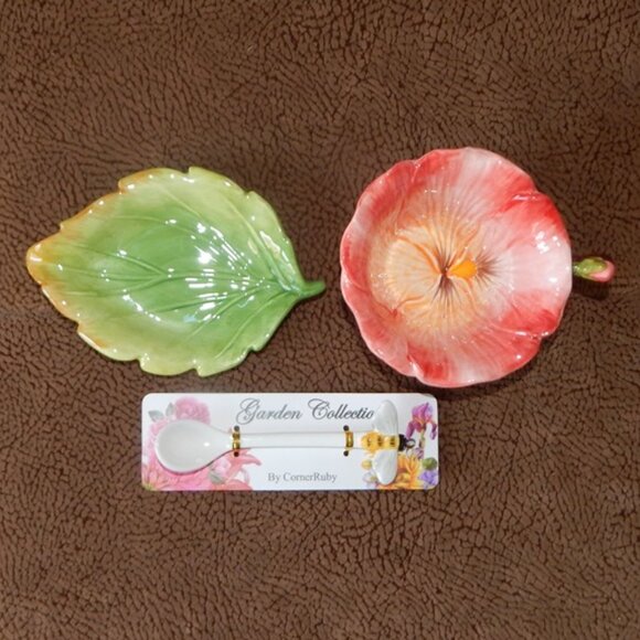 Corner Ruby Garden Collection Salmon Pink Flower Teacup Leaf Saucer & Spoon NWT - Picture 5 of 8